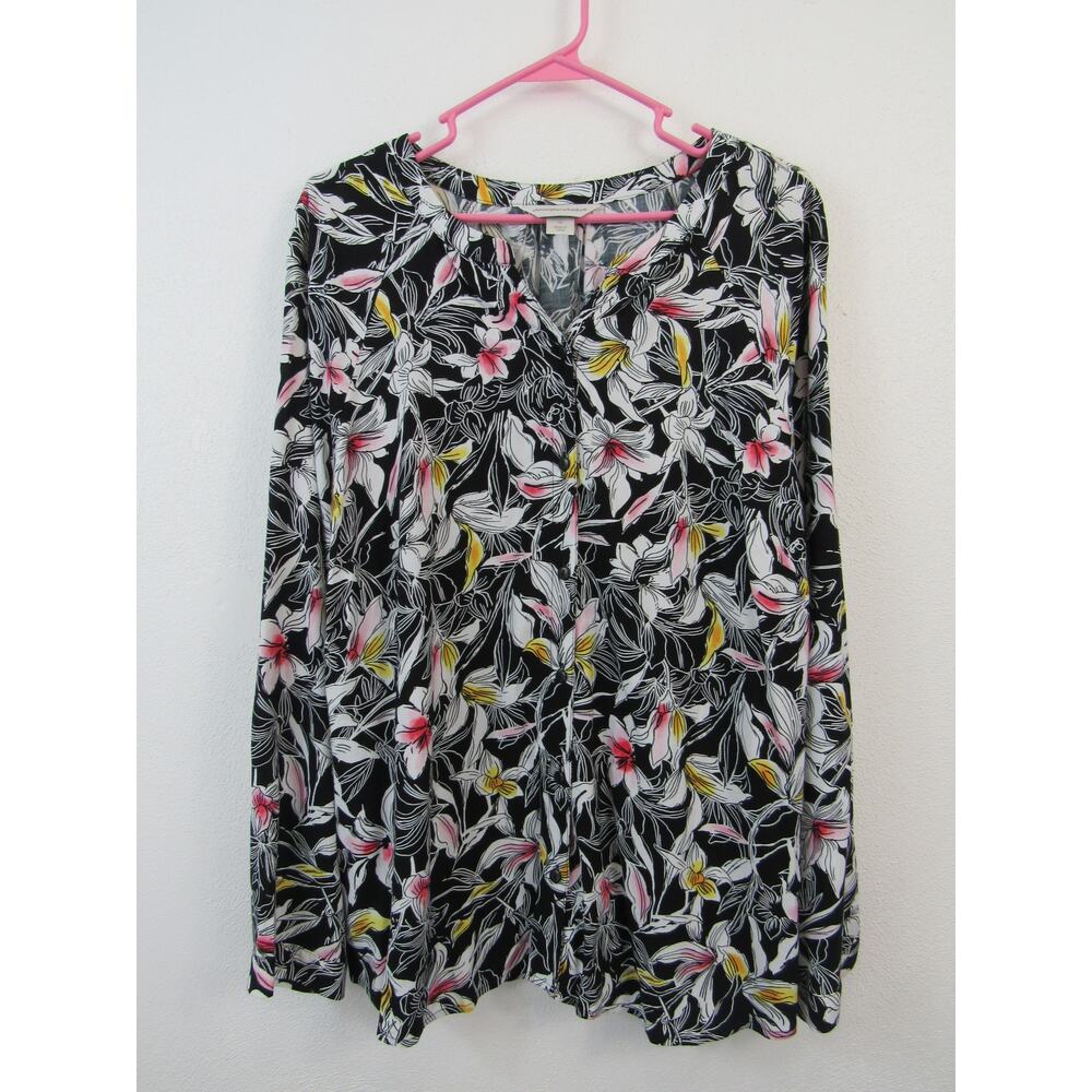 Christopher & Banks XL Women's Raglan Floral Blouse Black White Pink Yellow